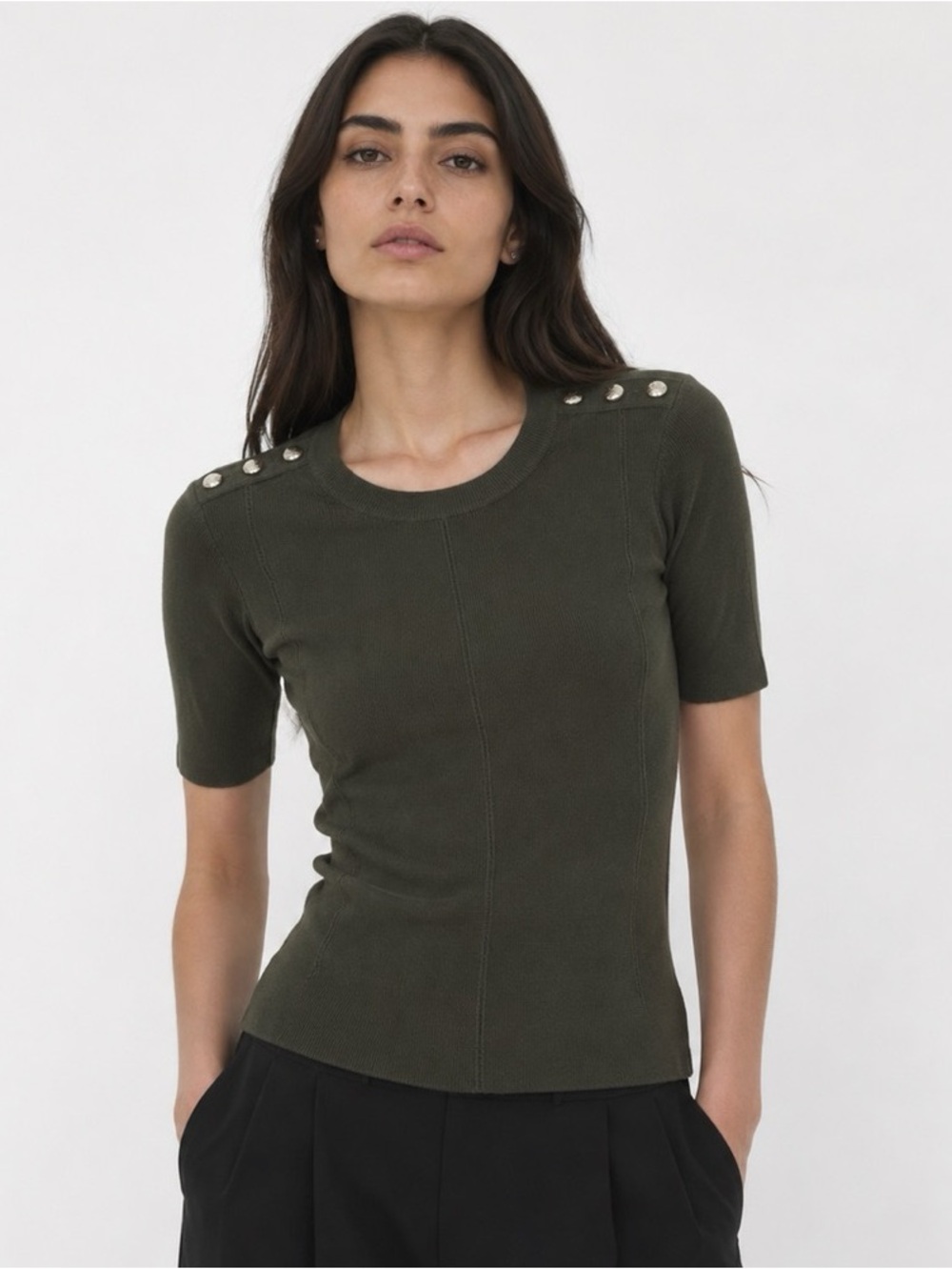 WHBM Dark Green Olive Short-Sleeve Ribbed Knit Top with Shoulder Buttons Small